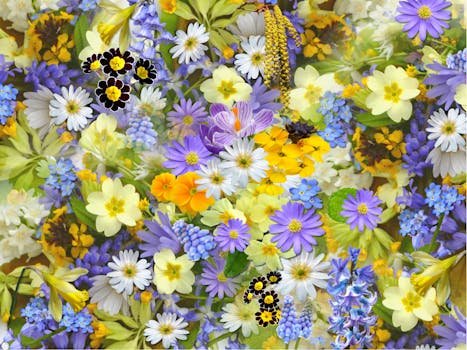 A colorful assortment of spring flowers, showcasing a vivid mix of colors and blooms.